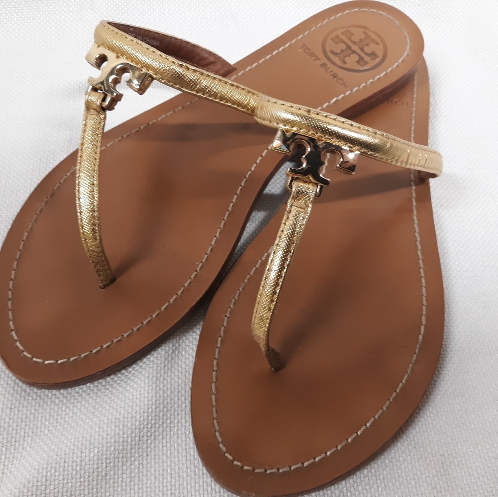 Tori Burch Gold T Logo T-Strap Sandals Size 6.5